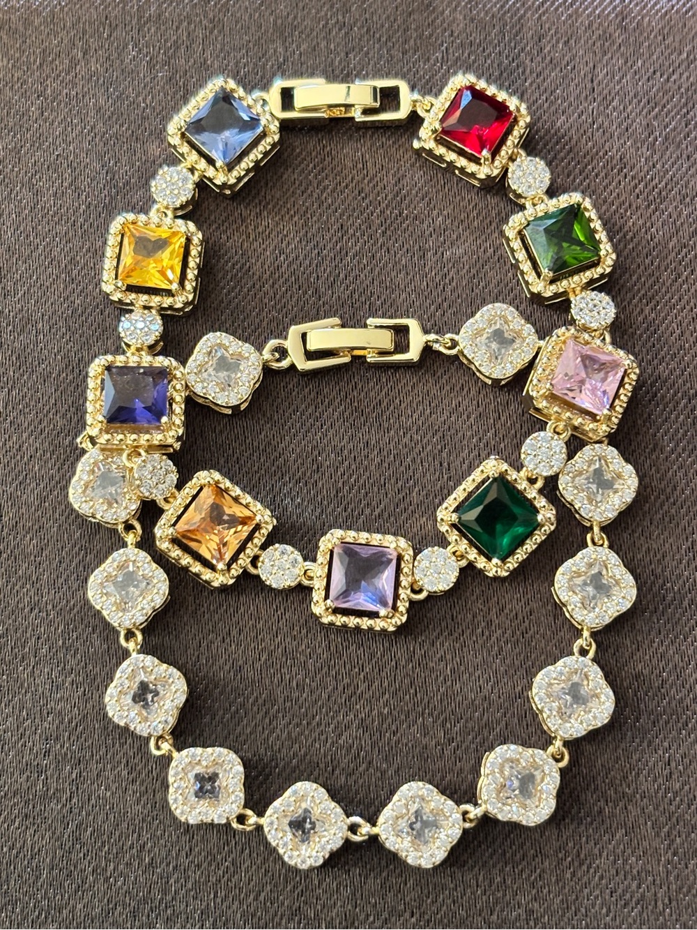 Fashion Jewelry Yellow Gold Multicolor Princess-Cut & Jelly Clover CZ Bracelets